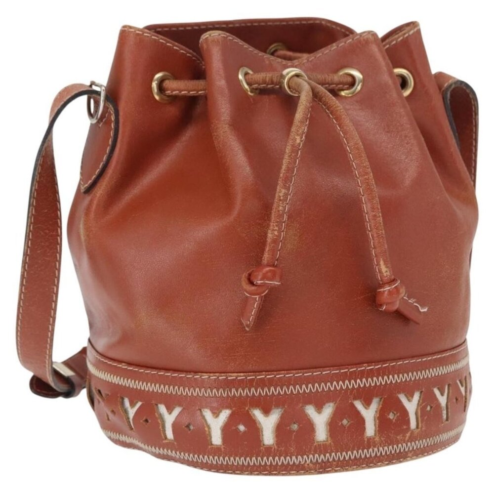 Authentic SAINT LAURENT purse Shoulder Bag Leather Brown Gold